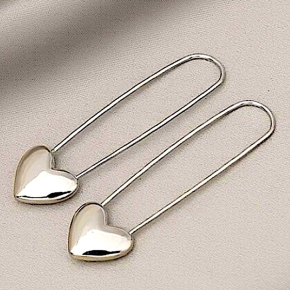 Heart Safety Pin Gold Sterling Silver Earrings Set - Picture 2 of 11